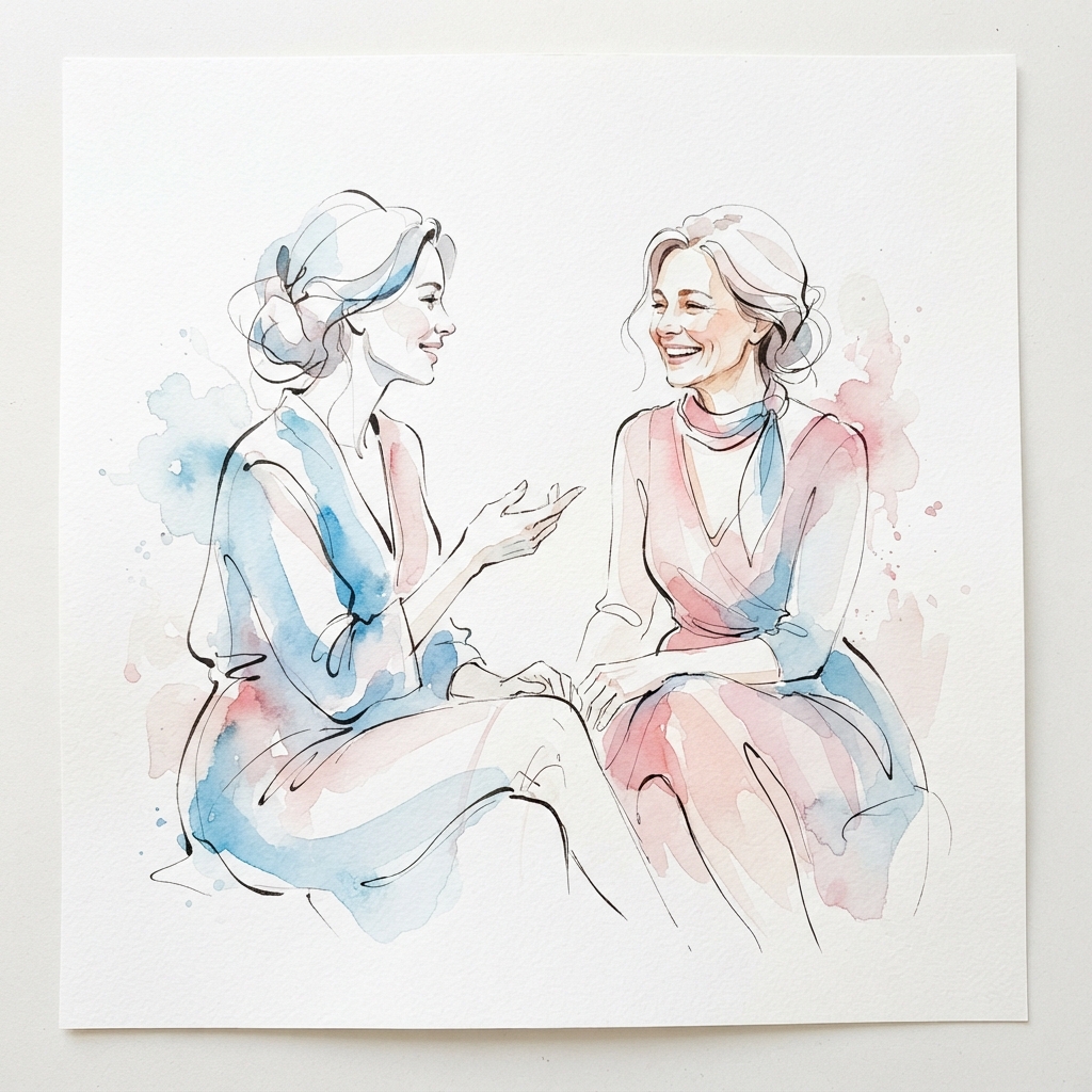 Two women seated in conversation with minimalist line work