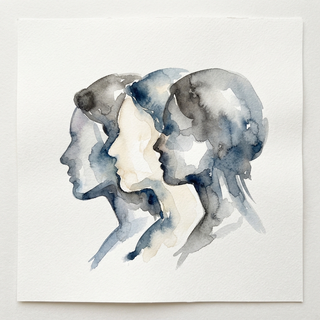 Abstract watercolour painting of three women's heads in profile overlapping